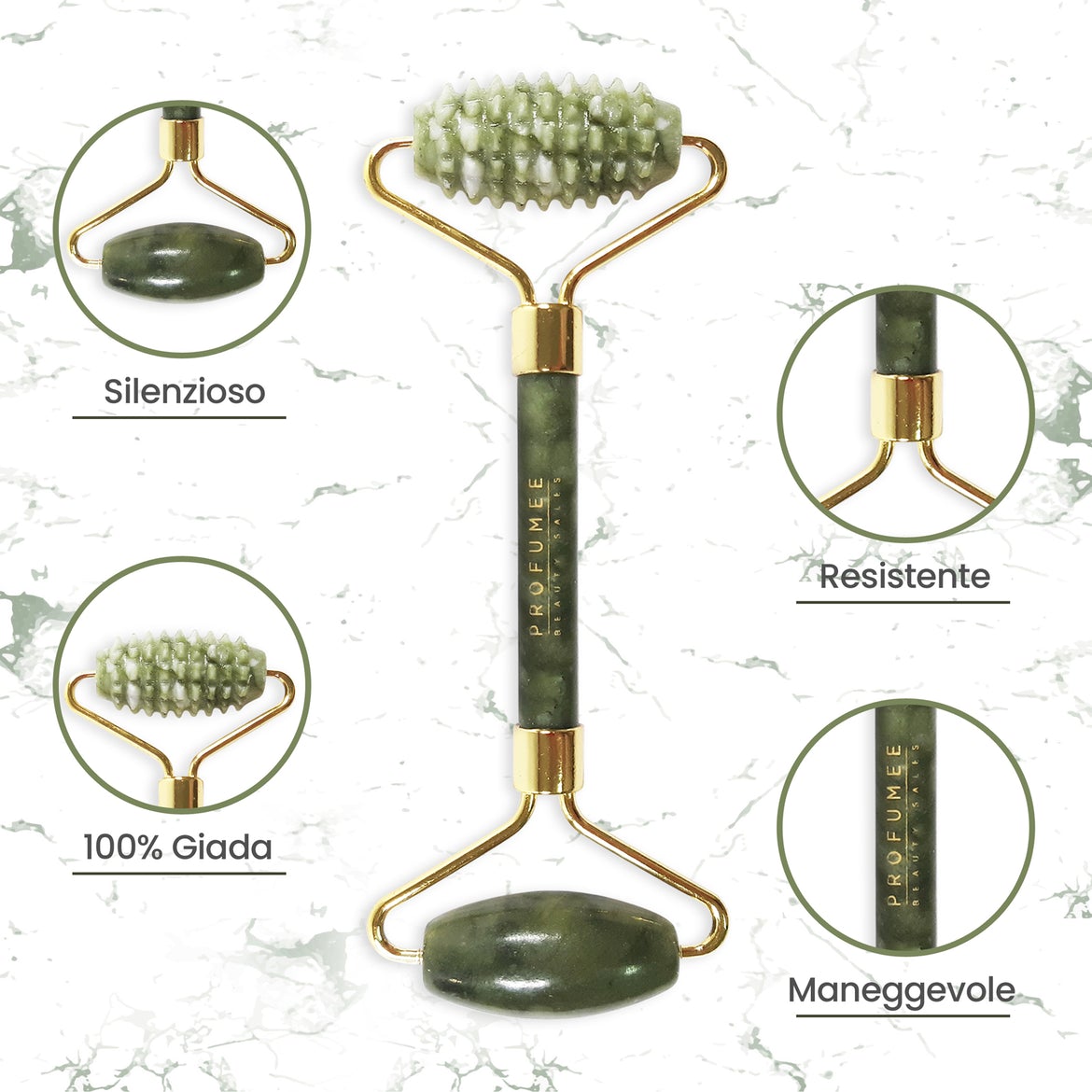 Rullo zigrinato, gua sha e rullo classico in giada naturale