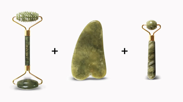 Rullo zigrinato, gua sha e rullo classico in giada naturale